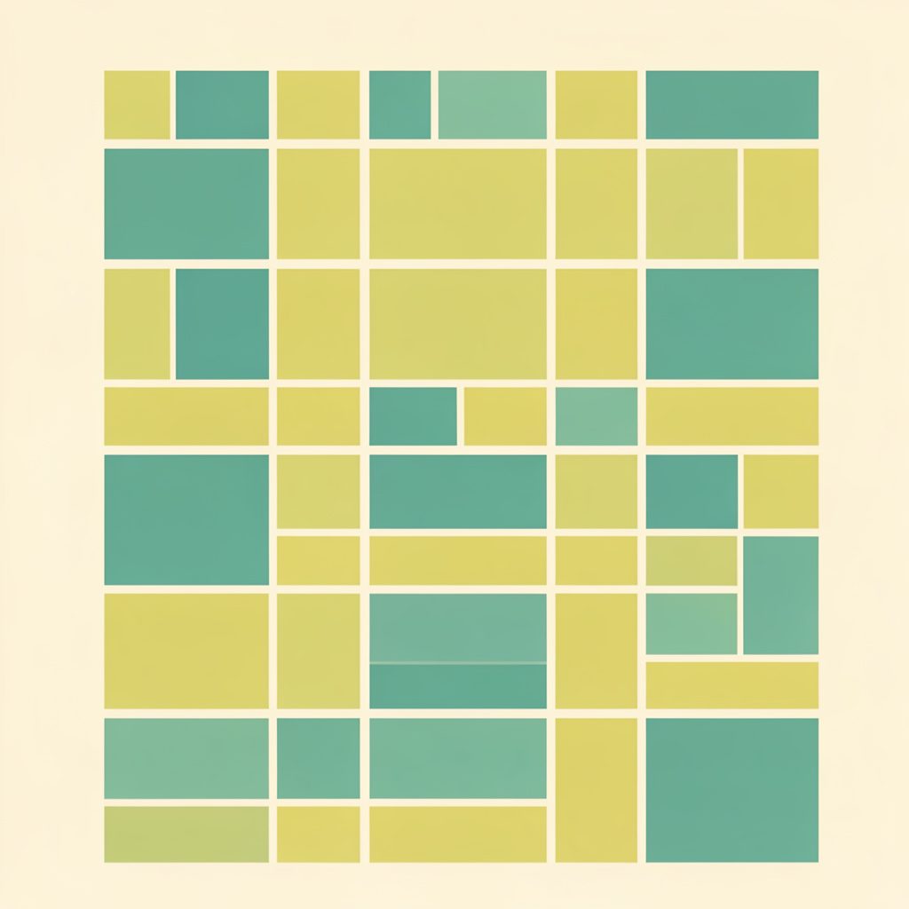 Flat vector illustration of an abstract wall pattern made of yellow-green and teal rectangular blocks, boxy and utilitarian style, warm off-white background